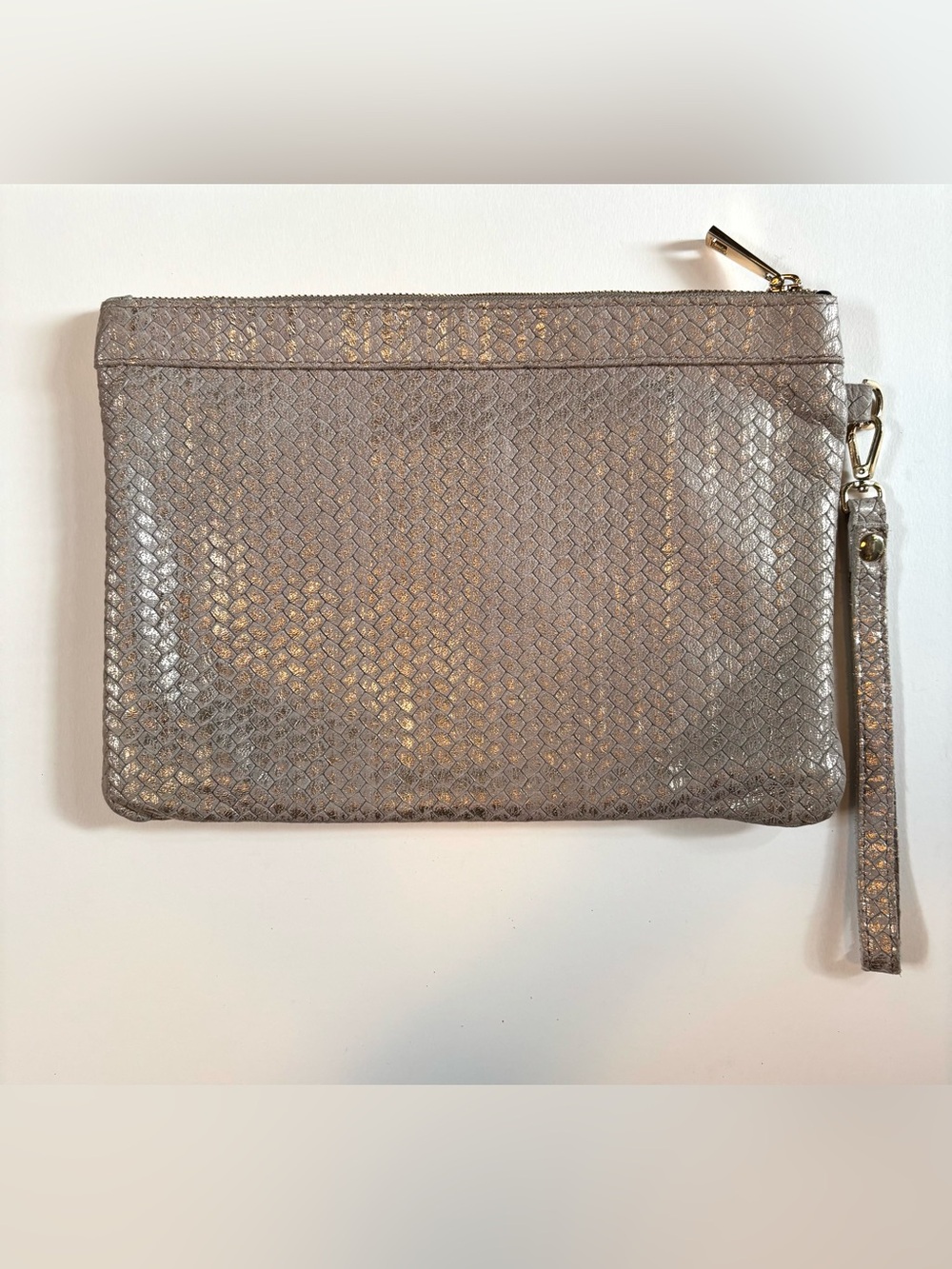 Laura Di Maggio Gold Silver Taupe Woven Leather Wristlet Clutch NWOT